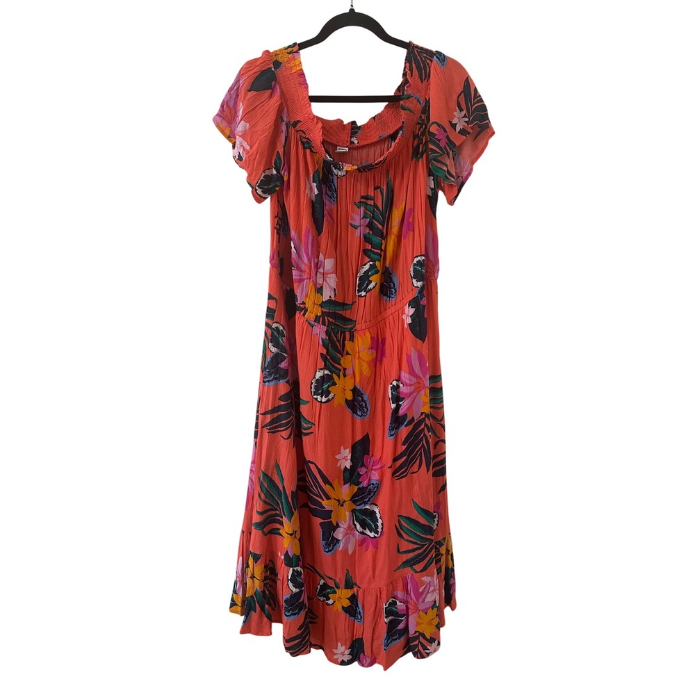 Old Navy Tropical Floral Off Shoulder Midi Dress XL Orange Gauze Resort Vacay